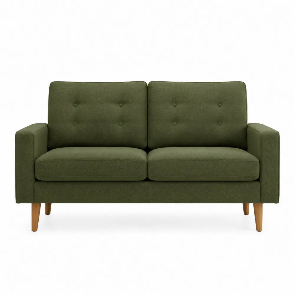 Canapé 2 places rectangulaire en tissu polyester vert olive pieds en hévéa massif brun naturel 132 cm x 78 cm x 82 cm