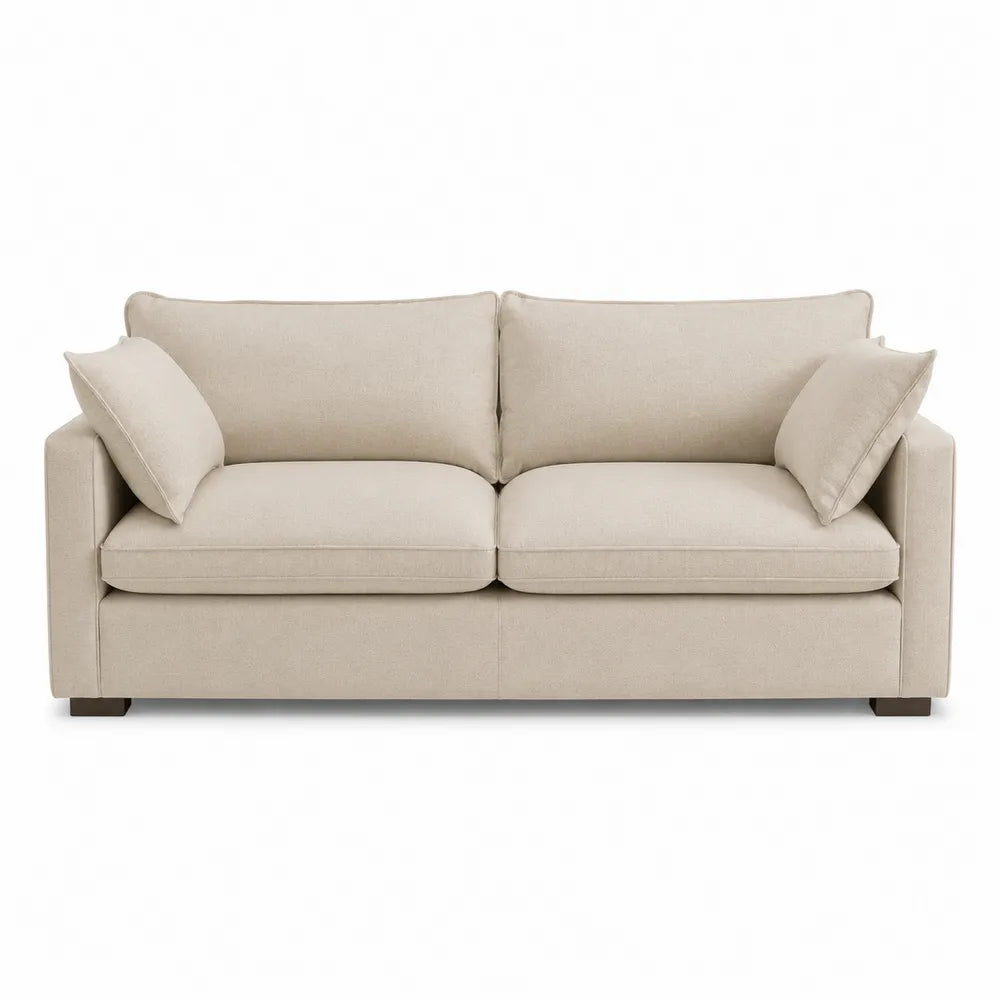 Canapé droit 2 places 180 x 88 x 85 cm tissu polyester beige coussins carrés pieds brun foncé
