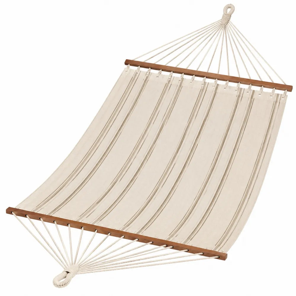 Hamac suspendu avec barres d’écartement 300 x 100 cm toile coton polyester écru rayé beige cordes coton et bois brun