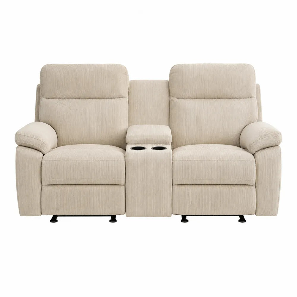Canapé relax 2 places avec console centrale et 2 porte-gobelets velours côtelé polyester beige 174 cm x 95 cm x 103 cm