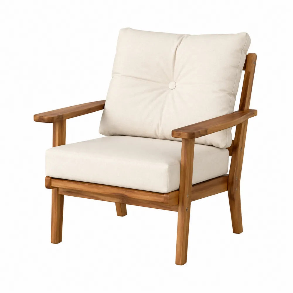 Fauteuil de jardin en acacia massif avec coussins beige et dossier capitonné 78 x 82 x 85 cm