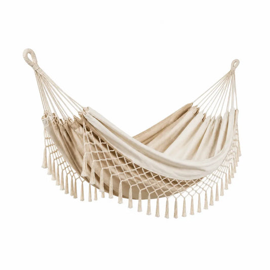 Hamac suspendu 320 x 150 cm en toile coton polyester écru avec cordes tressées et franges