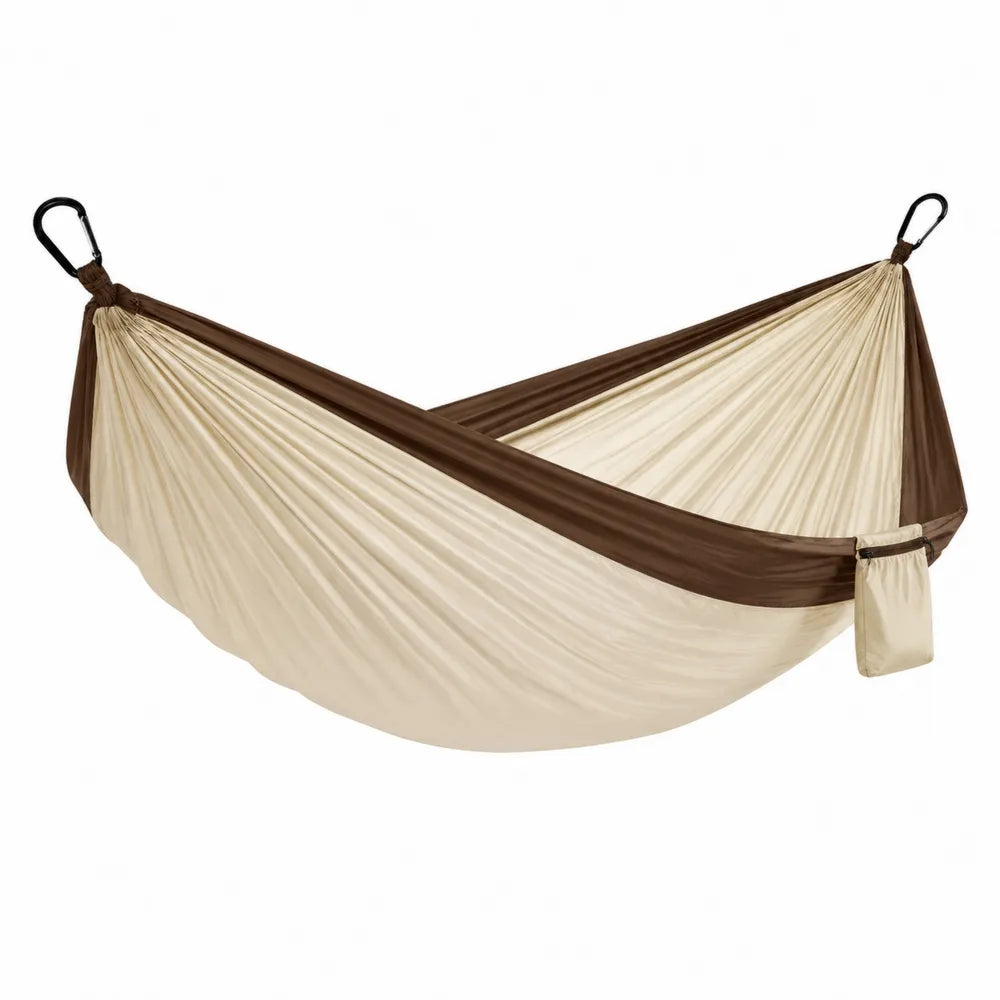 Hamac de jardin 275 x 140 cm en polyamide 210T beige marron avec 2 mousquetons noirs