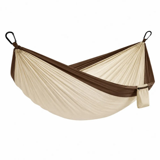 Hamac de jardin 275 x 140 cm en polyamide 210T beige marron avec 2 mousquetons noirs
