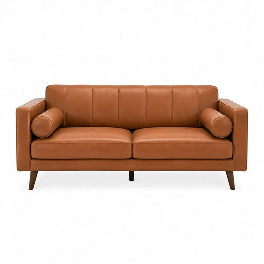 Canapé 2 places en simili cuir PU cognac avec coussins cylindriques pieds en hévéa massif brun foncé 175 cm x 82 cm x 82 cm
