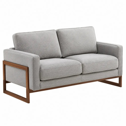 Canapé droit 2 places 150 x 82 x 84 cm tissu polyester gris clair cadre en hévéa brun