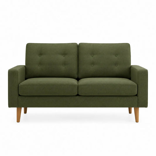 Canapé 2 places rectangulaire en tissu polyester vert olive pieds en hévéa massif brun naturel 132 cm x 78 cm x 82 cm