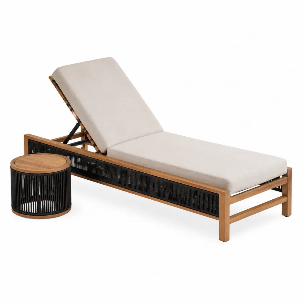 Ensemble bain de soleil de jardin en acacia massif avec coussin beige corde noire et table ronde 200 x 70 x 85 cm