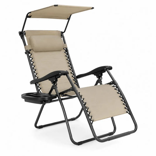 Chaise longue de jardin pliante zéro gravité 165 x 67 x 112 cm textilène beige cadre acier noir avec pare-soleil