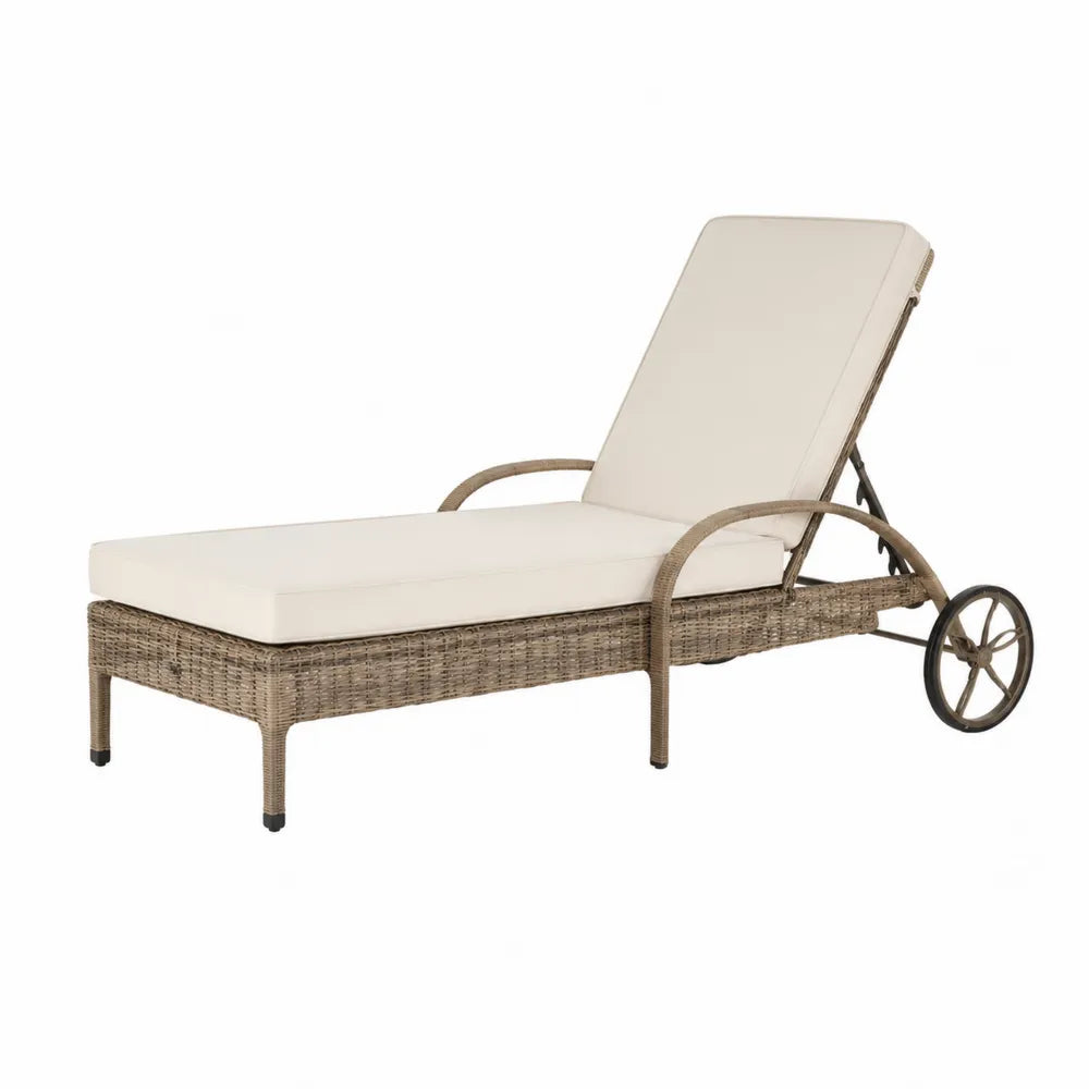 Bain de soleil de jardin à roulettes en rotin synthétique PE taupe avec coussin beige 200 x 72 x 96 cm