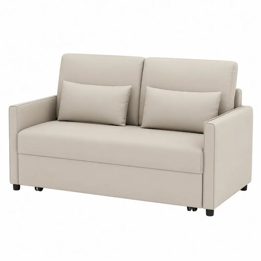 Canapé convertible 2 places en simili cuir PU beige clair avec coussins rectangulaires 155 cm x 85 cm x 86 cm