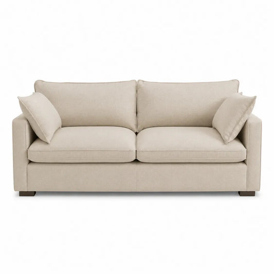 Canapé droit 2 places 180 x 88 x 85 cm tissu polyester beige coussins carrés pieds brun foncé
