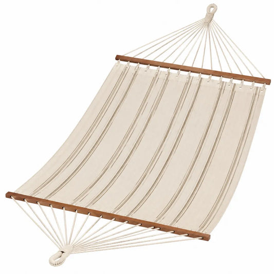Hamac suspendu avec barres d’écartement 300 x 100 cm toile coton polyester écru rayé beige cordes coton et bois brun