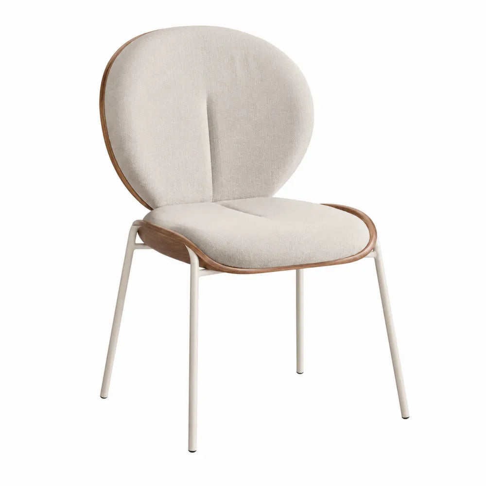Chaise de salle à manger rembourrée sans accoudoirs dossier rond tissu bouclé polyester beige contour chêne clair pieds acier blanc cassé 52 x 57 x 82 cm