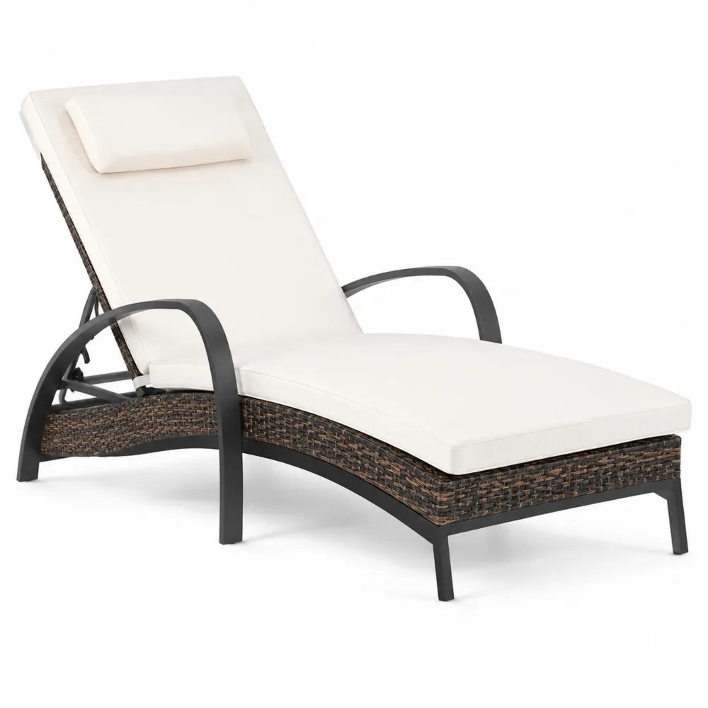 Bain de soleil d’extérieur inclinable 200 x 74 x 92 cm résine tressée PE marron coussin beige cadre acier noir