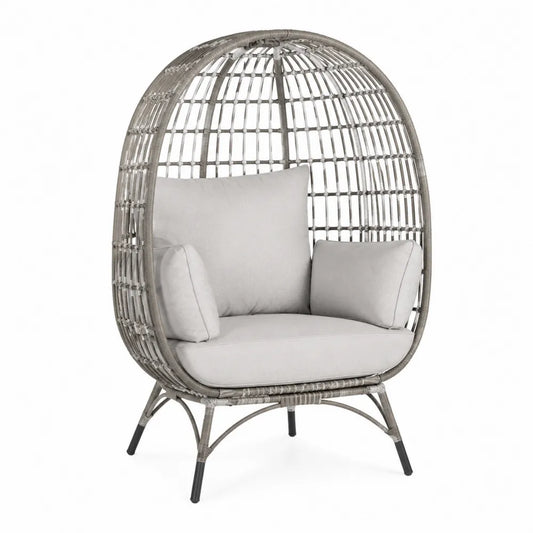 Fauteuil œuf de jardin 1 place en rotin synthétique PE gris clair avec coussins et cadre en acier 110 x 85 x 150 cm