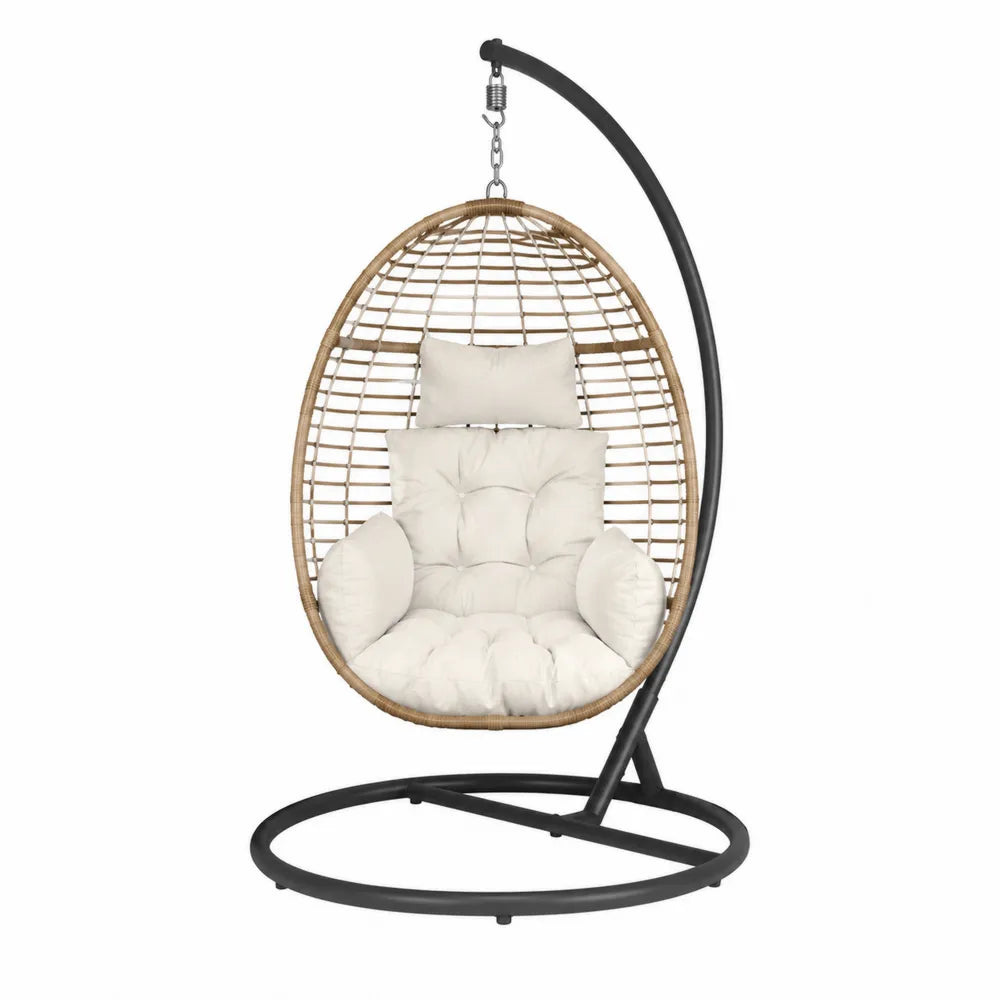 Fauteuil suspendu œuf avec support 105 x 105 x 195 cm résine tressée PE naturel coussins écru acier noir